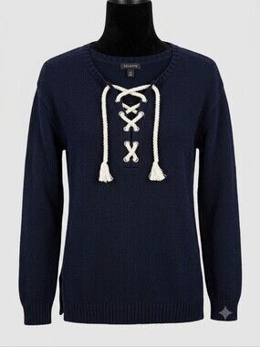 Talbots Navy Blue Nautical Lace-Up Knit Sweater W/ Grommets & Tassels XS